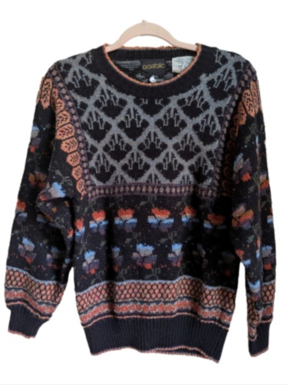 VINTAGE Fair Isles Black Multicolored Cottagecore Crewneck Knit Sweater Medium